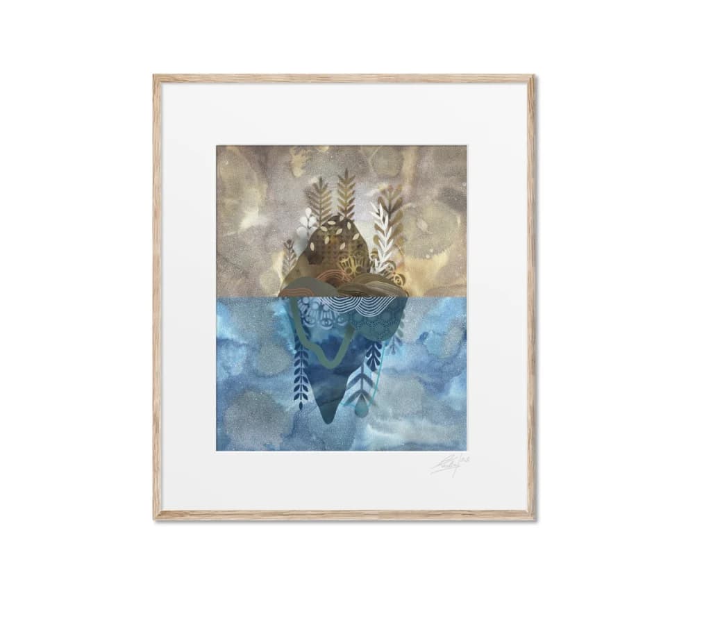 Framed mixed-media work by Koralie combining gold botanical forms and layered blue geometry.